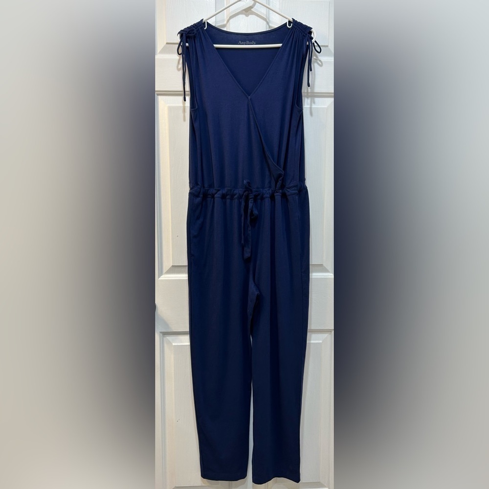 AnyBody Cozy Knit V-Neck Surplice Jumpsuit Faux Wrap Neckline Draw Waist Sz M